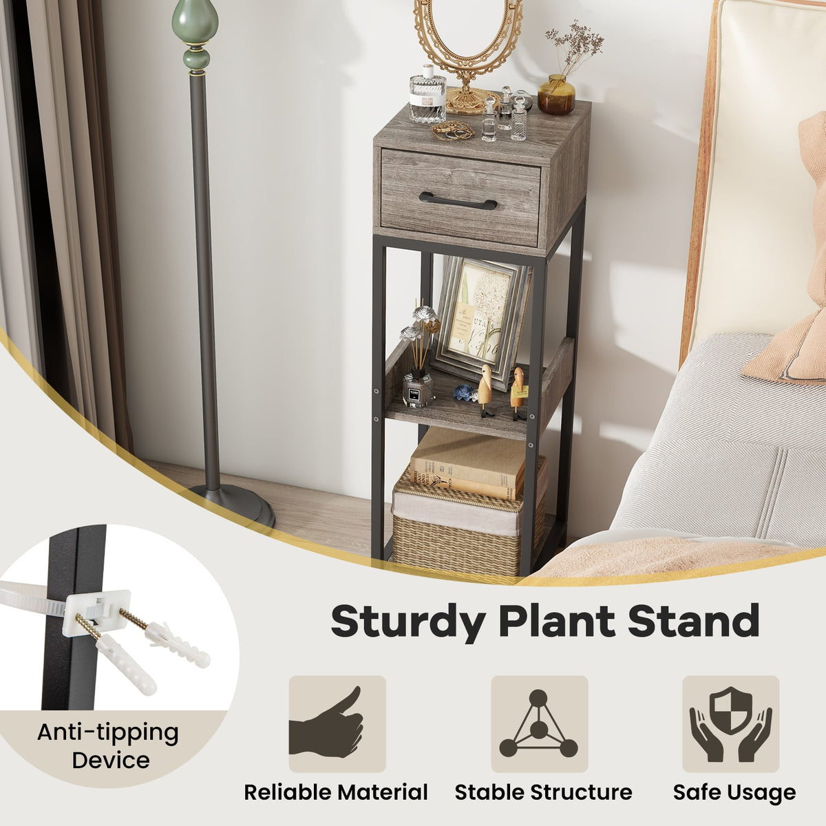 3 Tier Tall Plant Stand with Drawer Anti-tipping Devices-Gray-End & Side Tables-DECOROLALA