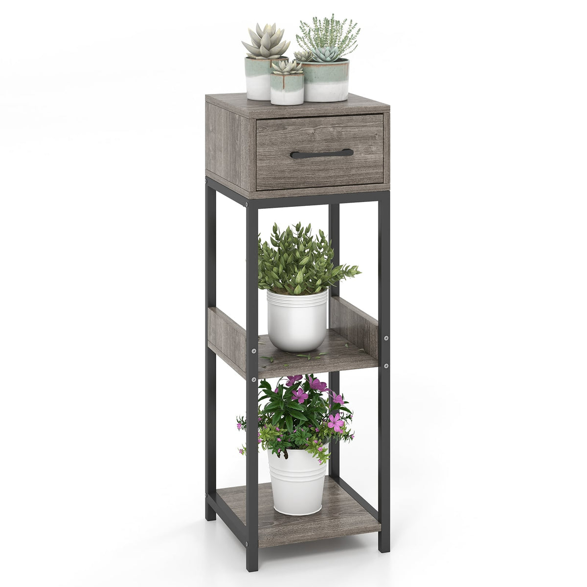 3 Tier Tall Plant Stand with Drawer Anti-tipping Devices-Gray-End & Side Tables-DECOROLALA