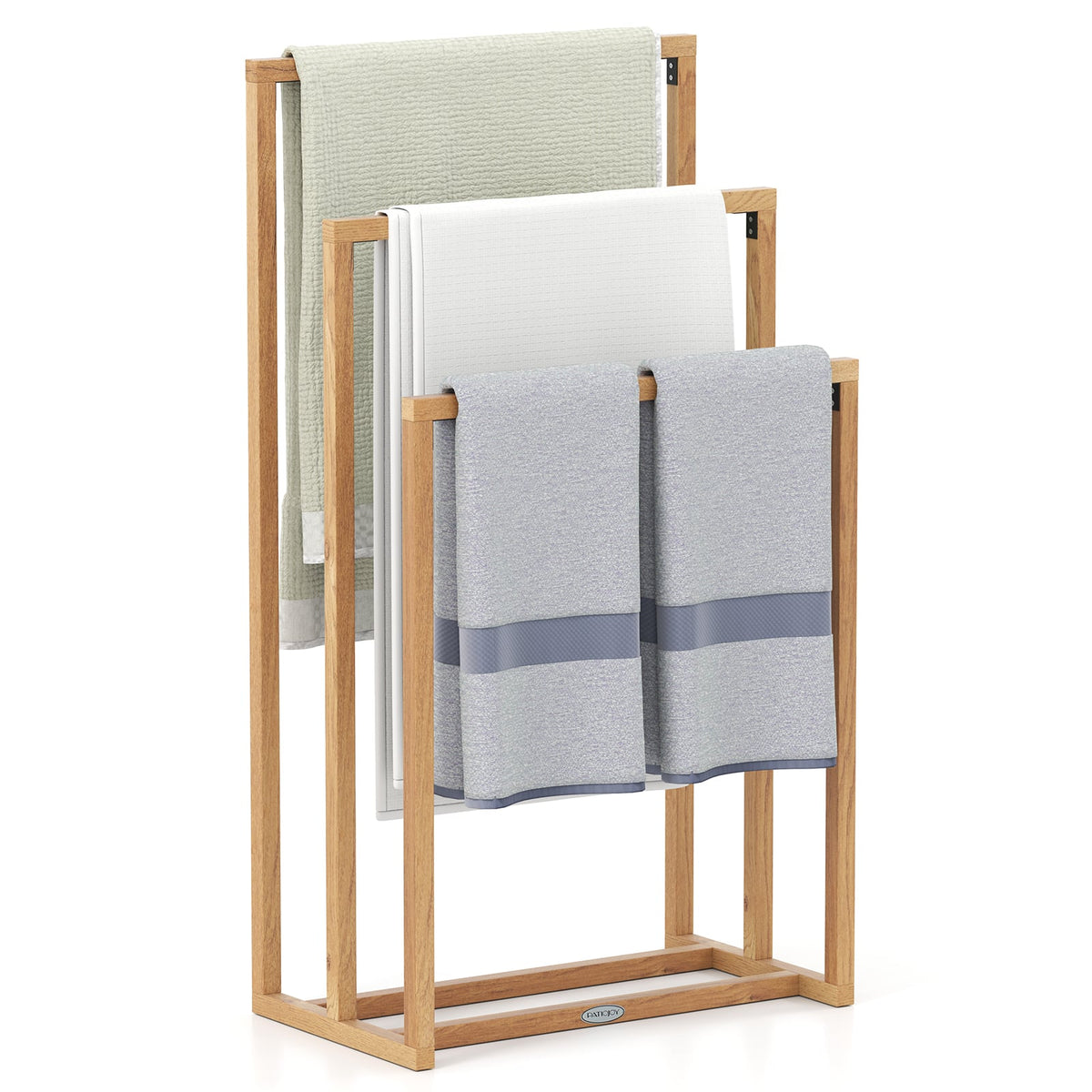 3-Tier Teak Wood Towel Rack with 3 Hanging Crossbars-Towel Racks-DECOROLALA