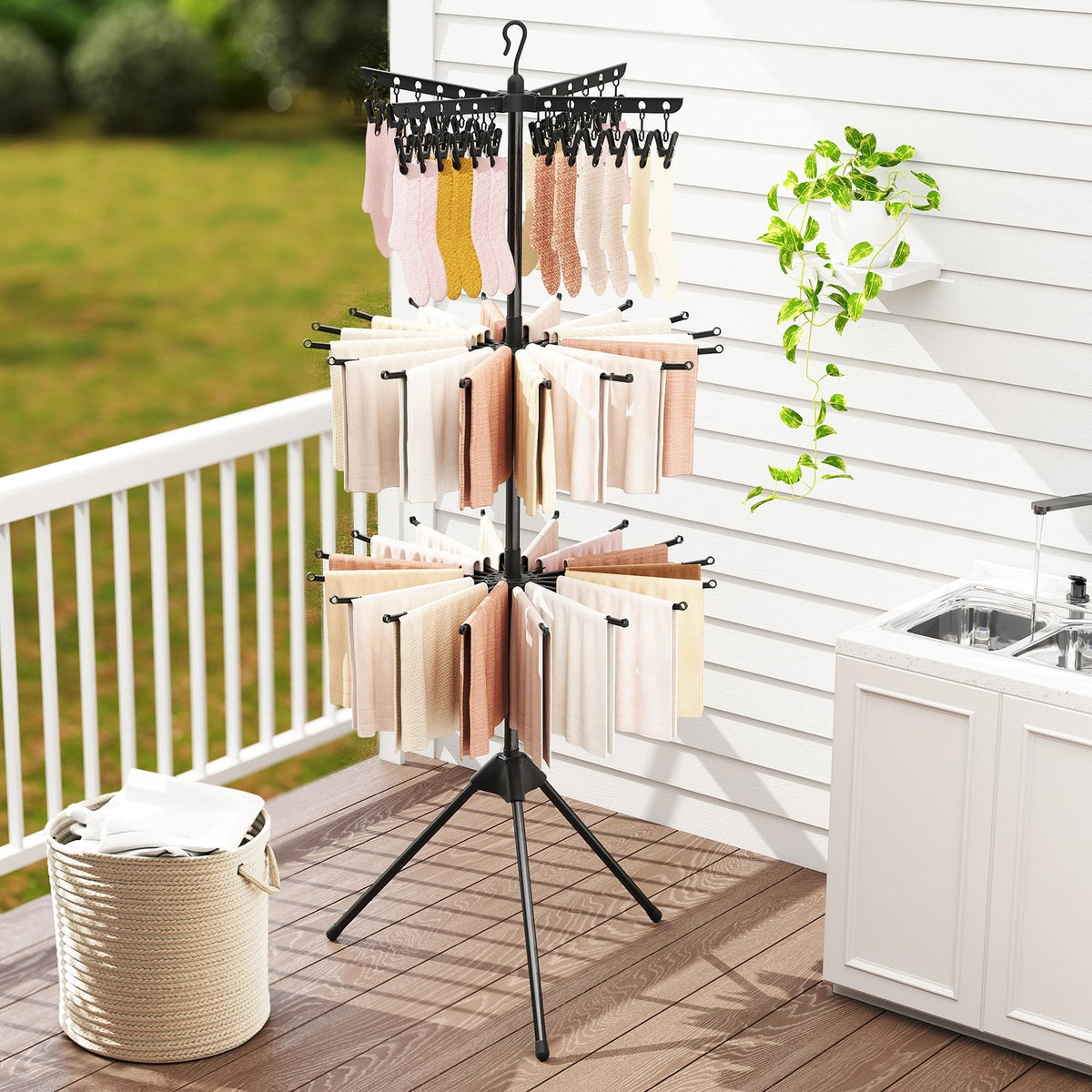3-Tier Tripod Freestanding Folding Clothes Drying Rack with 24 Clips-Black-Laundry Drying Racks-DECOROLALA