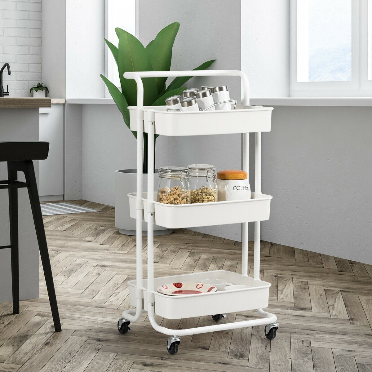 3-Tier Utility Cart Storage Rolling Cart with Casters-White-Kitchen Islands & Carts-DECOROLALA