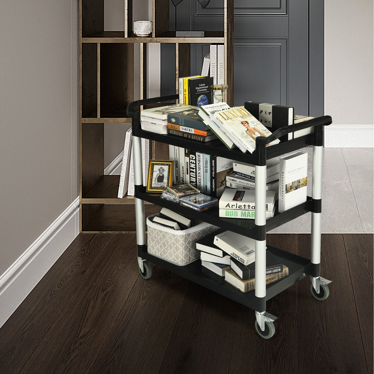 3-Tier Utility Service Cart with Lockable Wheels and Double Handles-Garages-DECOROLALA