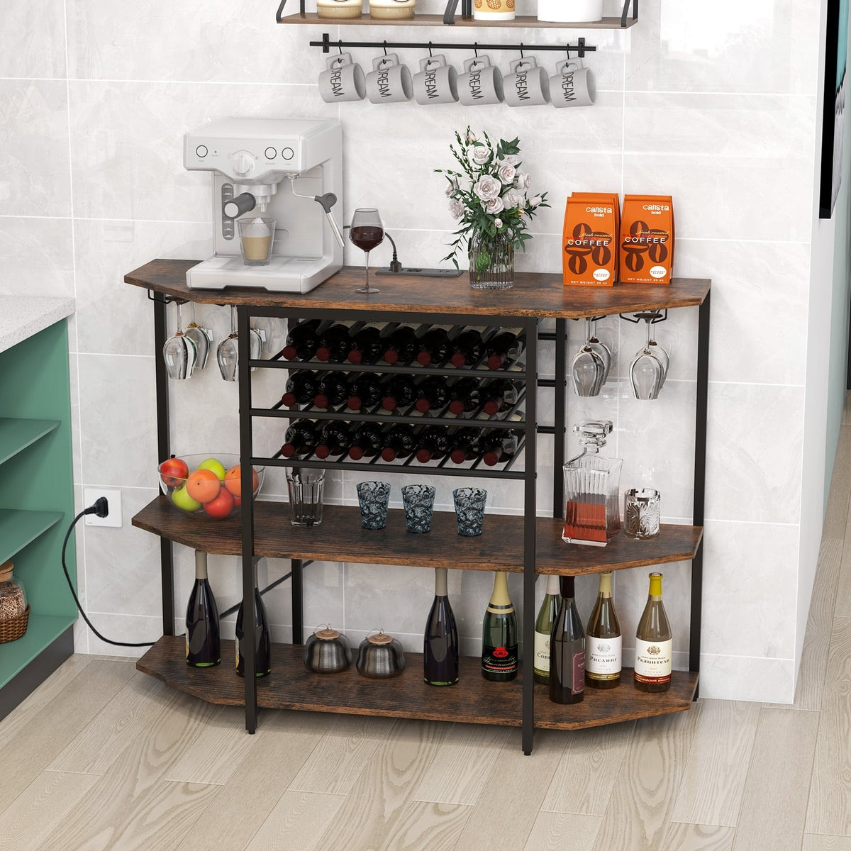 3-Tier Wine Bar Cabinet with Storage Shelves-Brown-Wine Racks-DECOROLALA