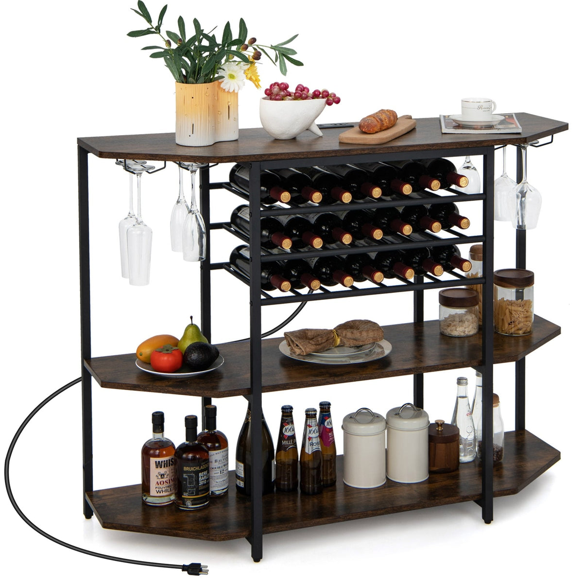 3-Tier Wine Bar Cabinet with Storage Shelves-Brown-Wine Racks-DECOROLALA