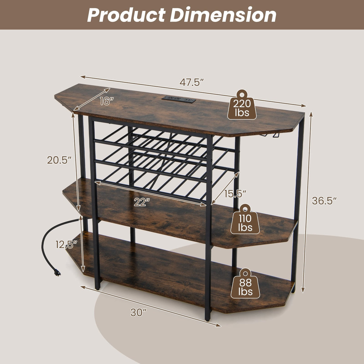3-Tier Wine Bar Cabinet with Storage Shelves-Brown-Wine Racks-DECOROLALA