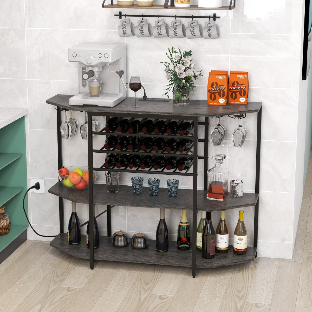 3-Tier Wine Bar Cabinet with Storage Shelves-Gray-Wine Racks-DECOROLALA
