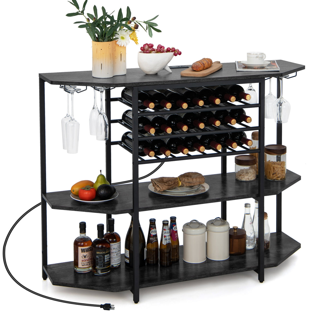 3-Tier Wine Bar Cabinet with Storage Shelves-Gray-Wine Racks-DECOROLALA