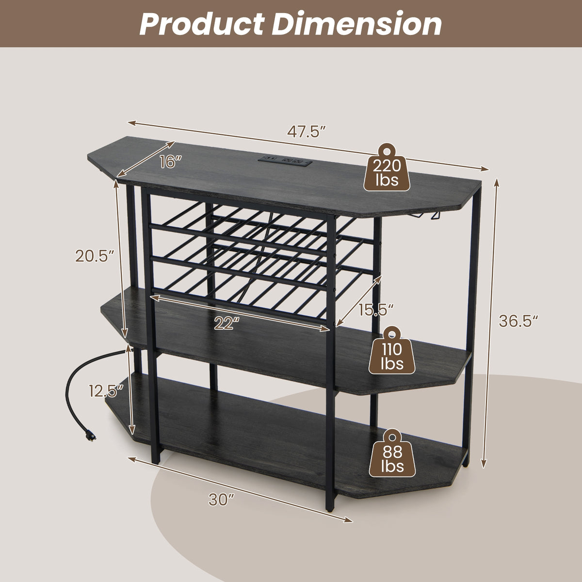 3-Tier Wine Bar Cabinet with Storage Shelves-Gray-Wine Racks-DECOROLALA