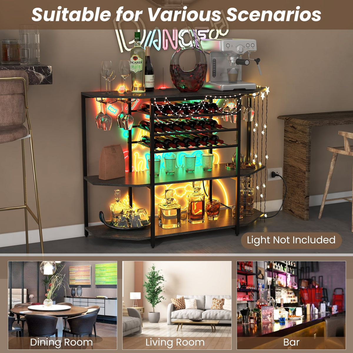 3-Tier Wine Bar Cabinet with Storage Shelves-Gray-Wine Racks-DECOROLALA