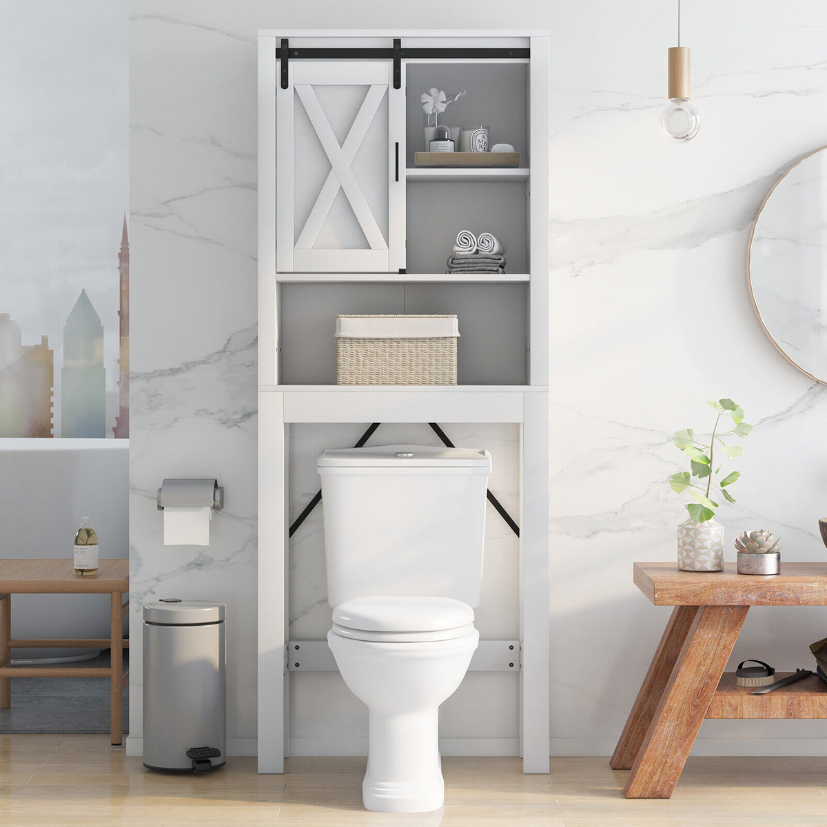 3-Tier Wodden Bathroom Cabinet with Sliding Barn Door and 3-position Adjustable Shelves-White-Over the Toilet Storage-DECOROLALA