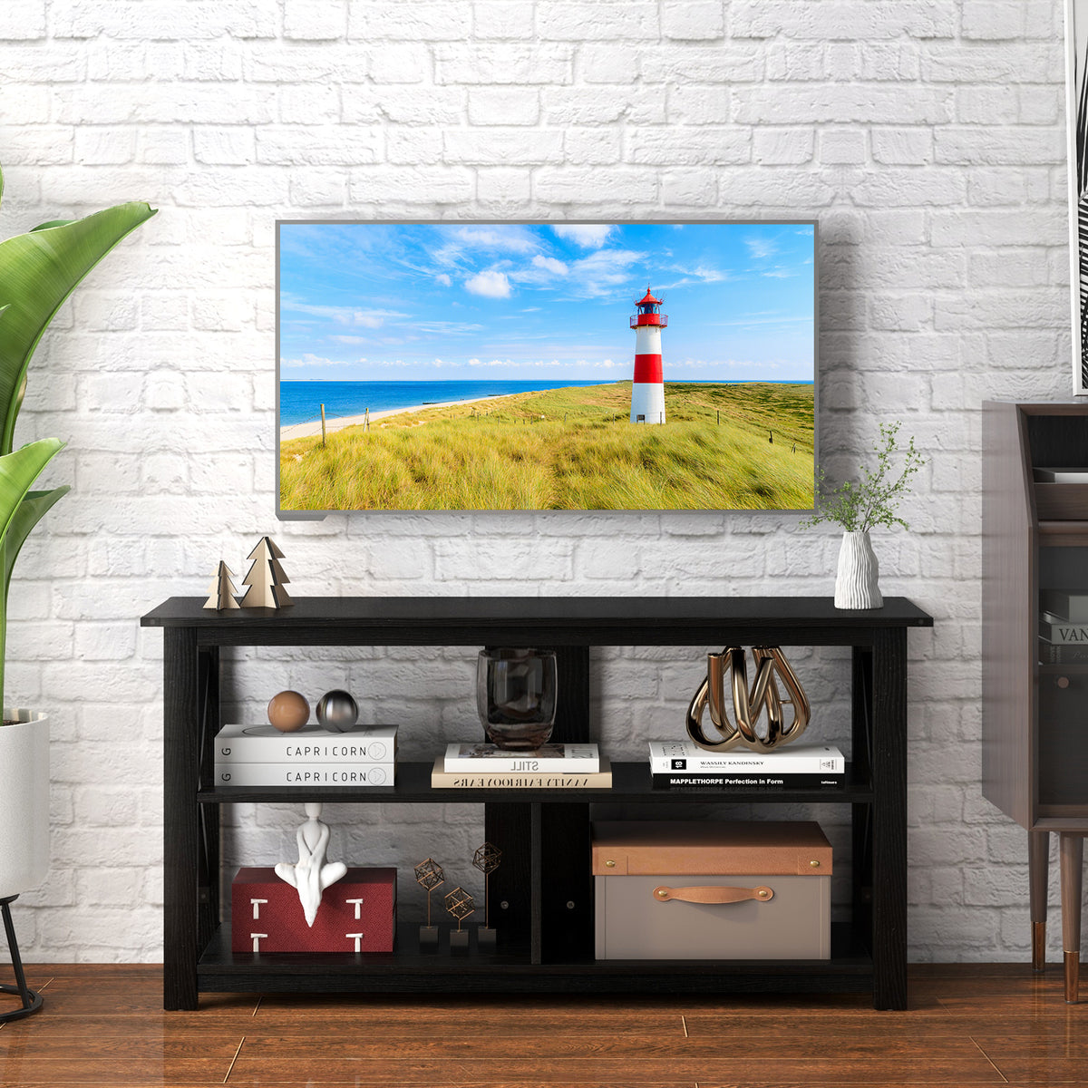 3 Tier Wood TV Stand for 55-Inch with Open Shelves and X-Shaped Frame-Black-Entertainment Centers & TV Stands-DECOROLALA