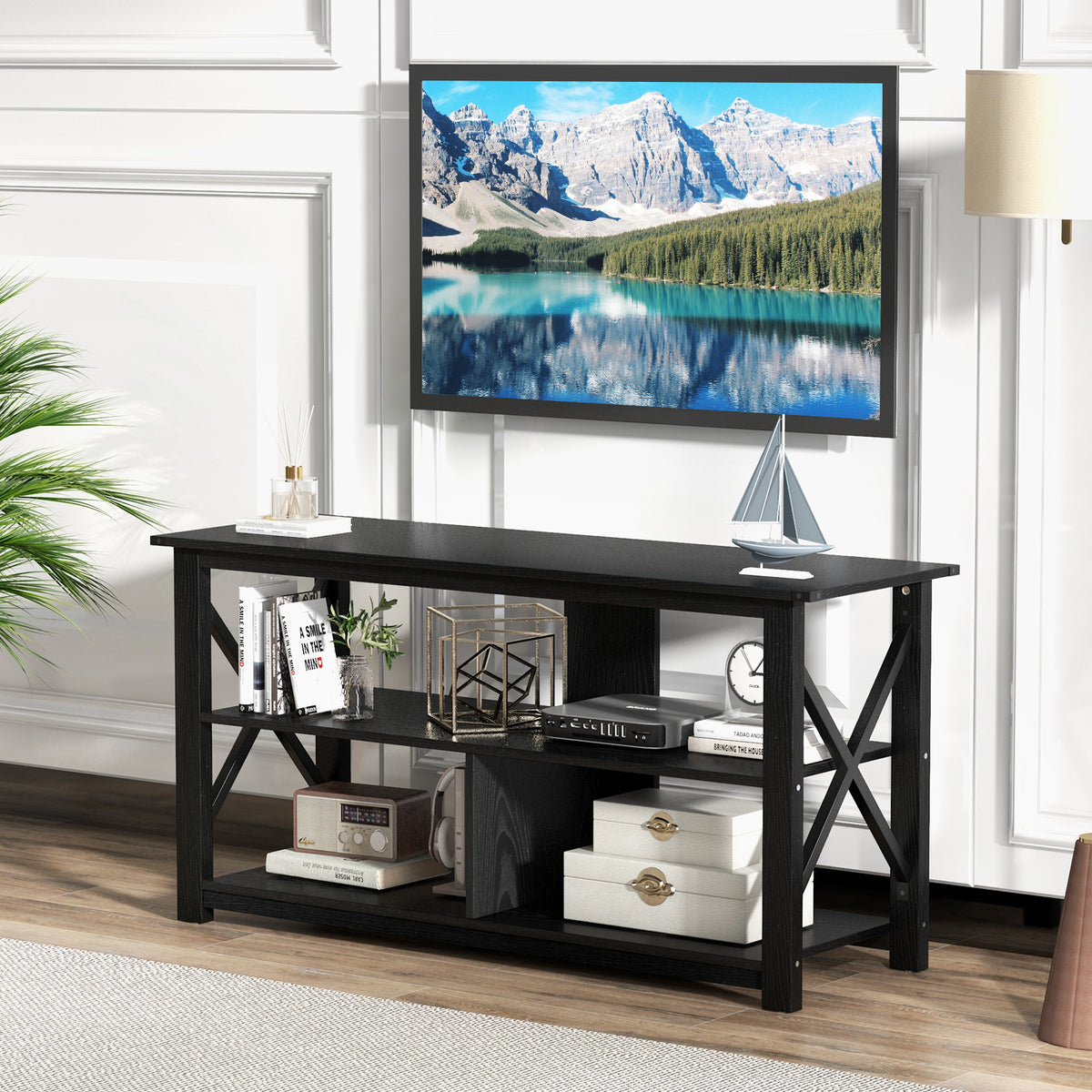 3 Tier Wood TV Stand for 55-Inch with Open Shelves and X-Shaped Frame-Black-Entertainment Centers & TV Stands-DECOROLALA