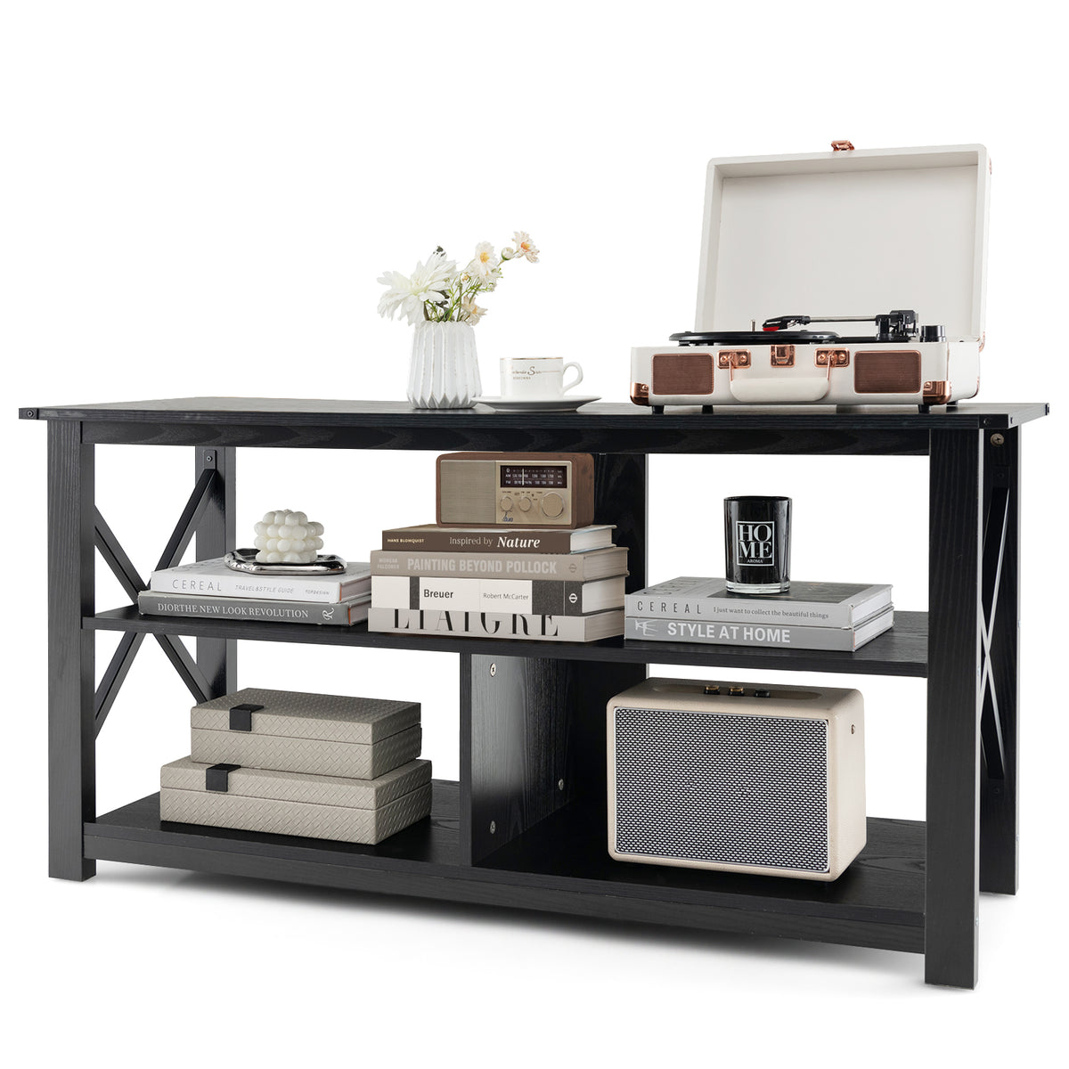 3 Tier Wood TV Stand for 55-Inch with Open Shelves and X-Shaped Frame-Black-Entertainment Centers & TV Stands-DECOROLALA