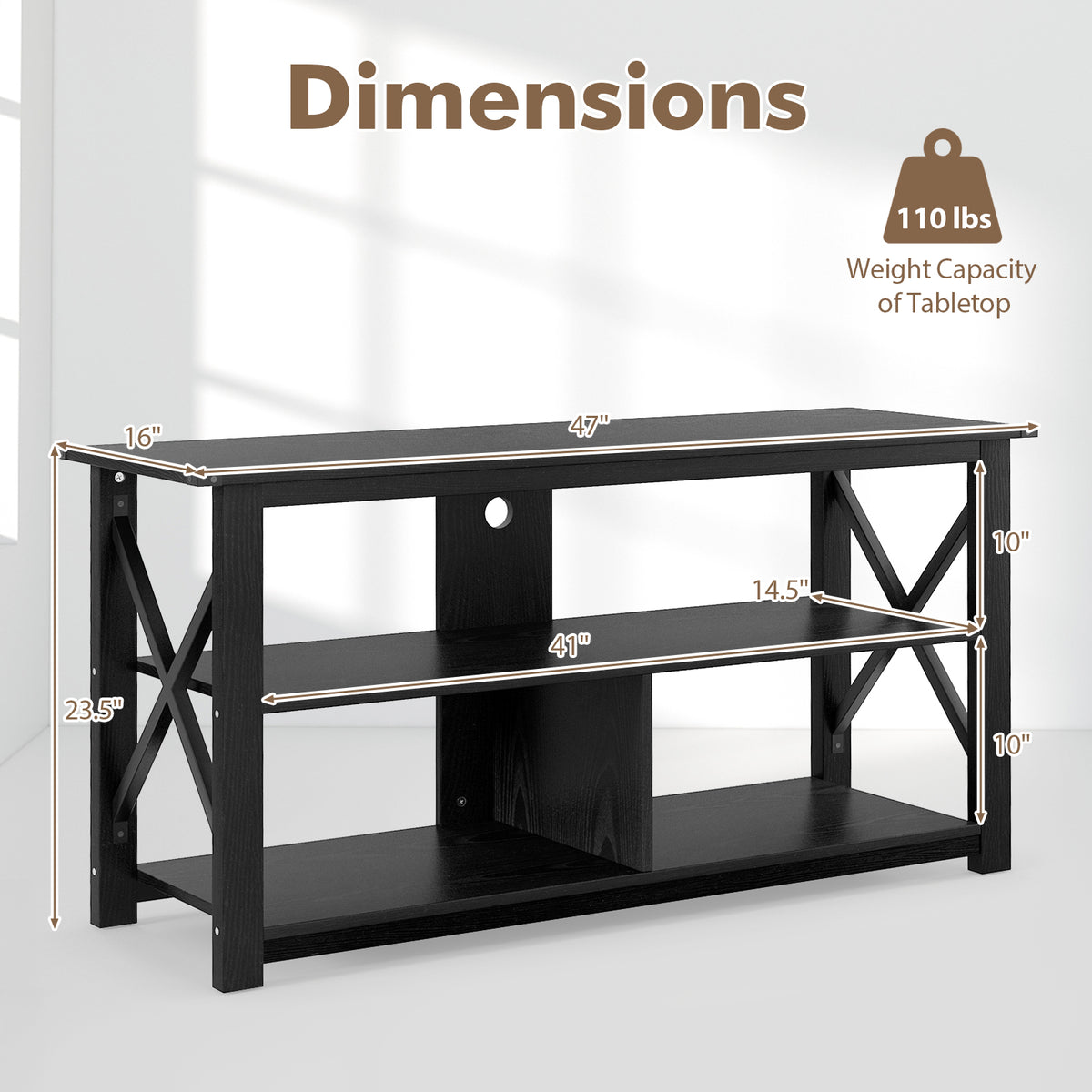 3 Tier Wood TV Stand for 55-Inch with Open Shelves and X-Shaped Frame-Black-Entertainment Centers & TV Stands-DECOROLALA