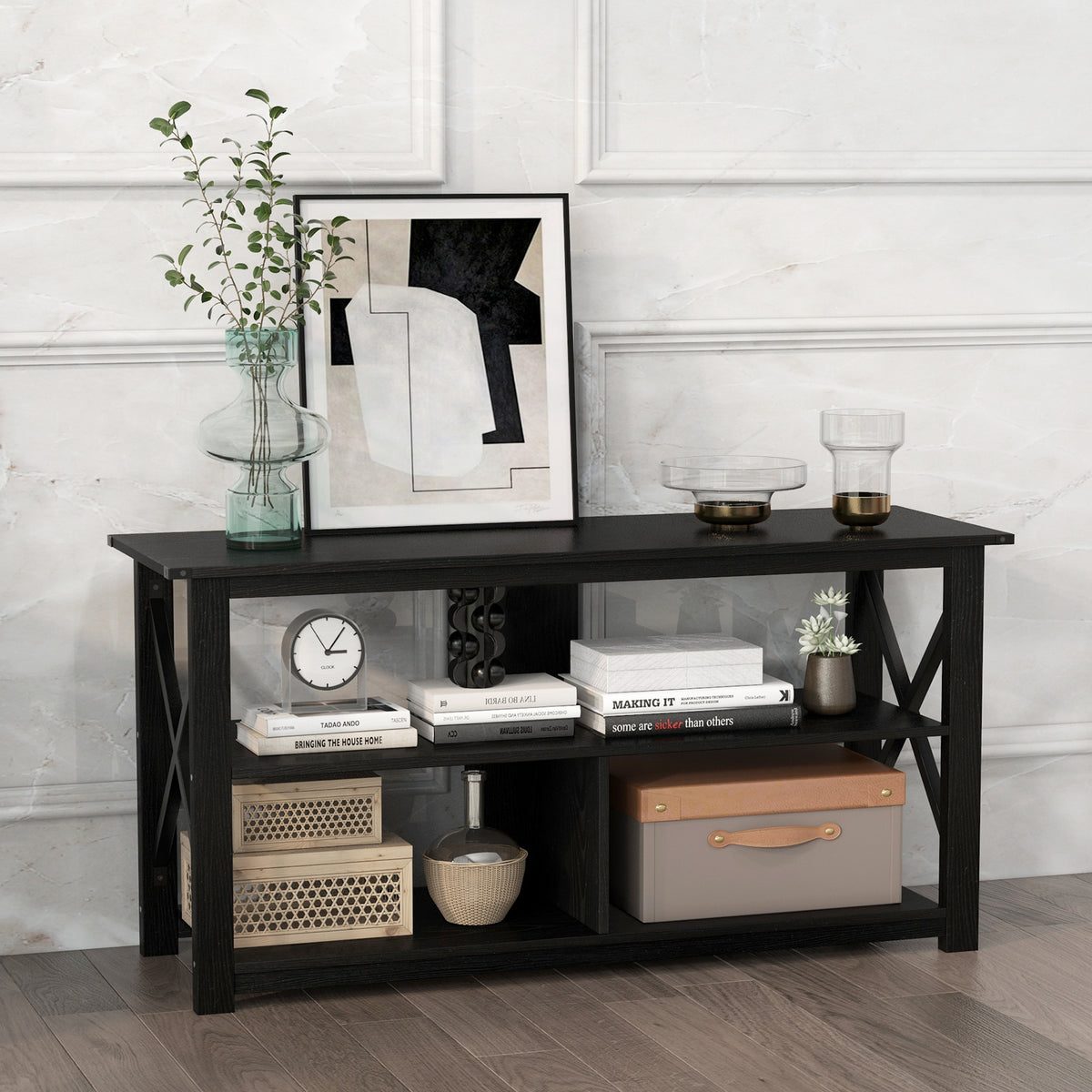 3 Tier Wood TV Stand for 55-Inch with Open Shelves and X-Shaped Frame-Black-Entertainment Centers & TV Stands-DECOROLALA