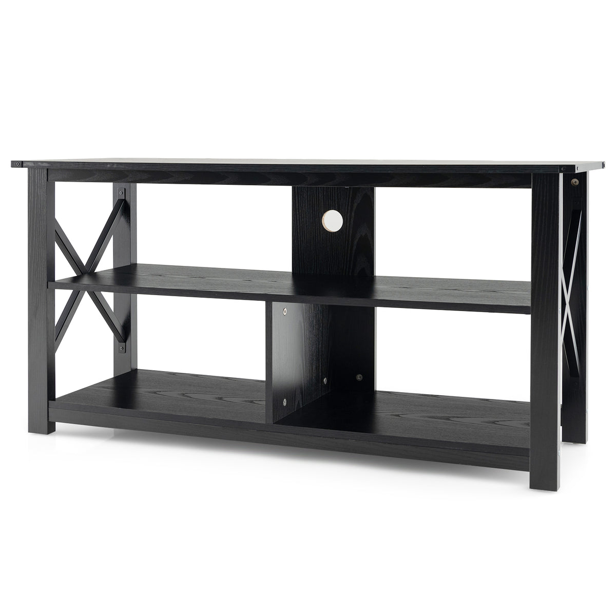 3 Tier Wood TV Stand for 55-Inch with Open Shelves and X-Shaped Frame-Black-Entertainment Centers & TV Stands-DECOROLALA