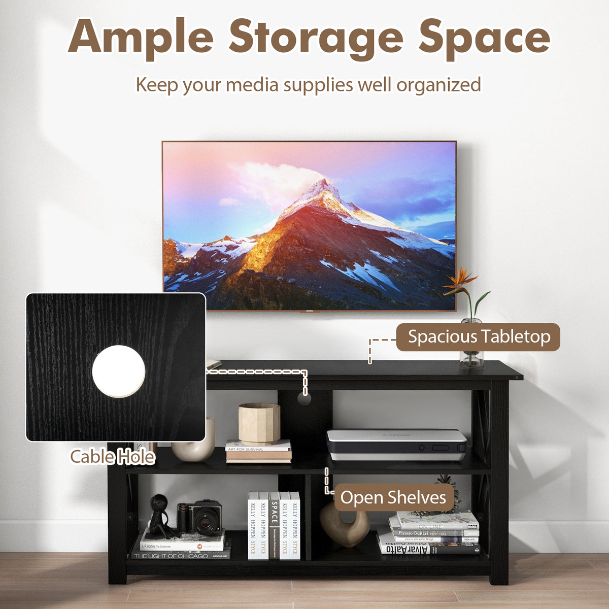 3 Tier Wood TV Stand for 55-Inch with Open Shelves and X-Shaped Frame-Black-Entertainment Centers & TV Stands-DECOROLALA