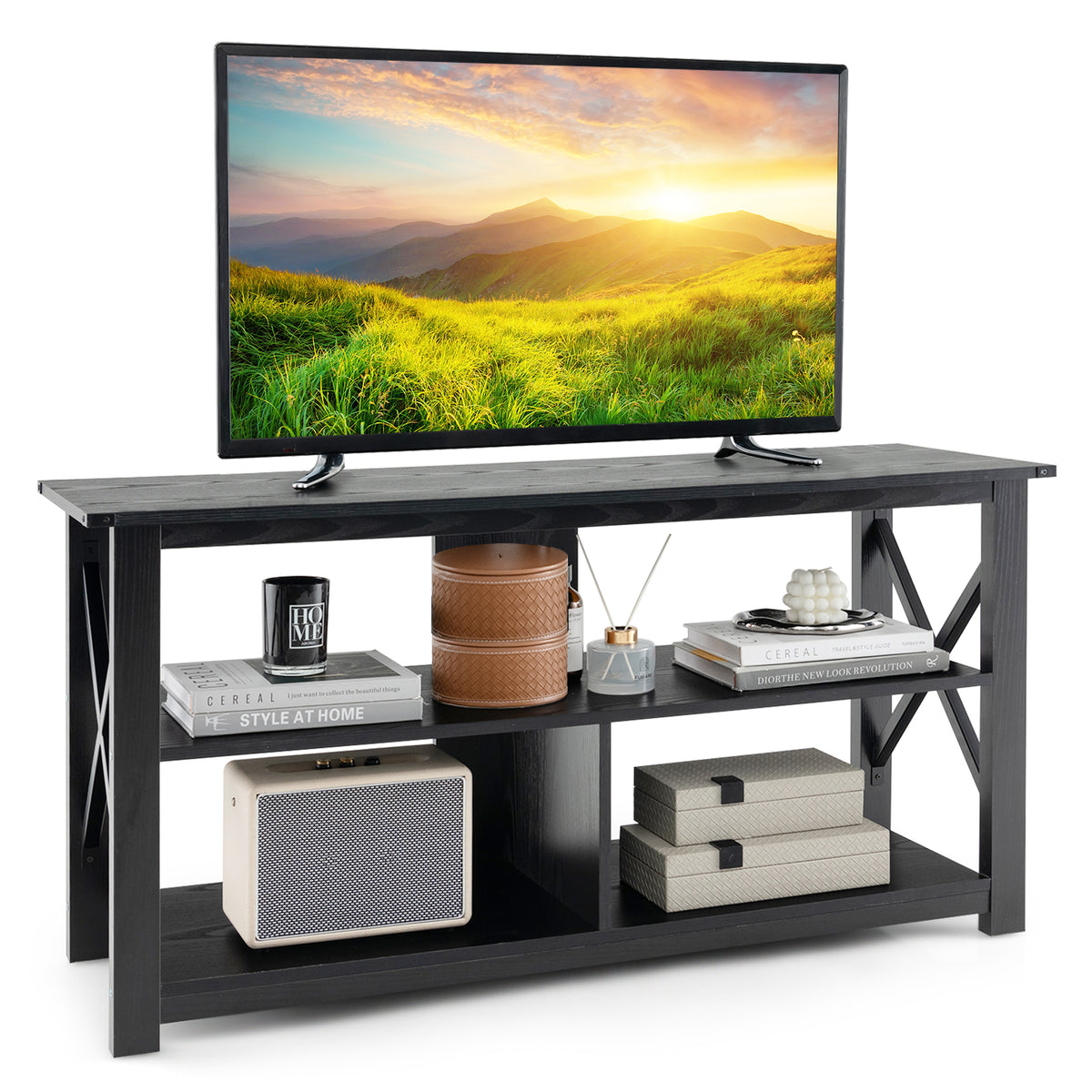 3 Tier Wood TV Stand for 55-Inch with Open Shelves and X-Shaped Frame-Black-Entertainment Centers & TV Stands-DECOROLALA