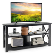 3 Tier Wood TV Stand for 55-Inch with Open Shelves and X-Shaped Frame-Black-Entertainment Centers & TV Stands-DECOROLALA