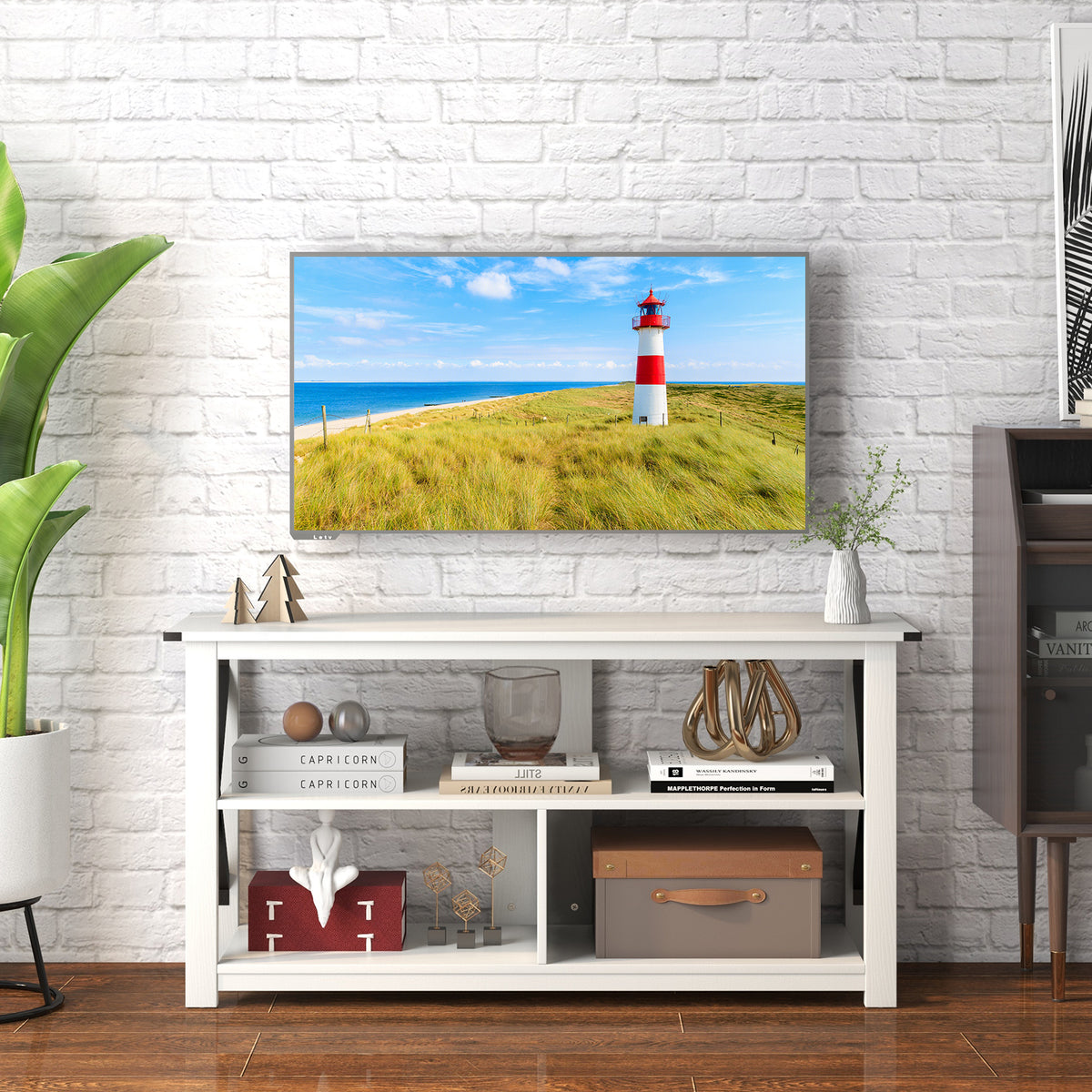 3 Tier Wood TV Stand for 55-Inch with Open Shelves and X-Shaped Frame-White-Entertainment Centers & TV Stands-DECOROLALA