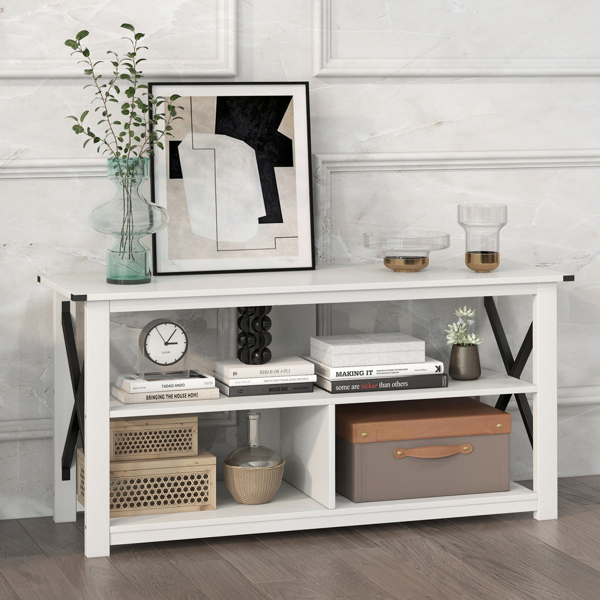 3 Tier Wood TV Stand for 55-Inch with Open Shelves and X-Shaped Frame-White-Entertainment Centers & TV Stands-DECOROLALA