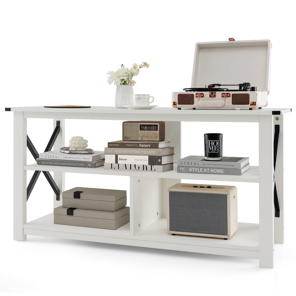 3 Tier Wood TV Stand for 55-Inch with Open Shelves and X-Shaped Frame-White-Entertainment Centers & TV Stands-DECOROLALA