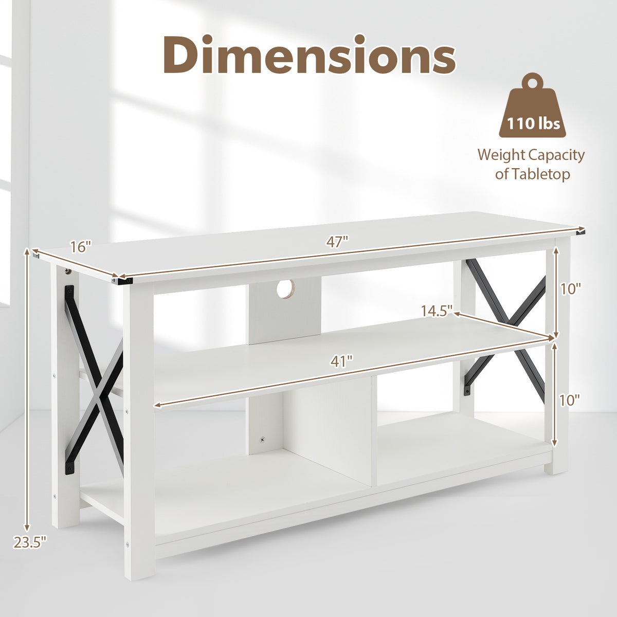 3 Tier Wood TV Stand for 55-Inch with Open Shelves and X-Shaped Frame-White-Entertainment Centers & TV Stands-DECOROLALA
