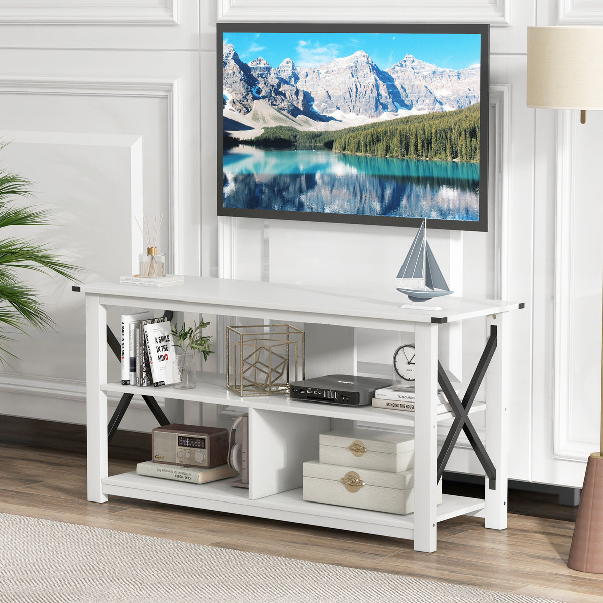 3 Tier Wood TV Stand for 55-Inch with Open Shelves and X-Shaped Frame-White-Entertainment Centers & TV Stands-DECOROLALA
