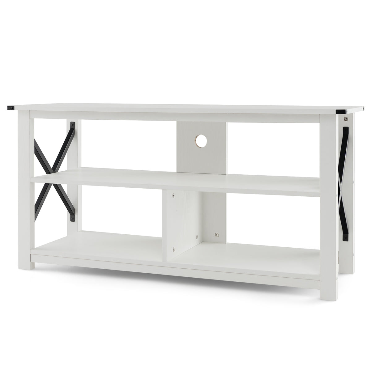 3 Tier Wood TV Stand for 55-Inch with Open Shelves and X-Shaped Frame-White-Entertainment Centers & TV Stands-DECOROLALA