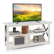 3 Tier Wood TV Stand for 55-Inch with Open Shelves and X-Shaped Frame-White-Entertainment Centers & TV Stands-DECOROLALA