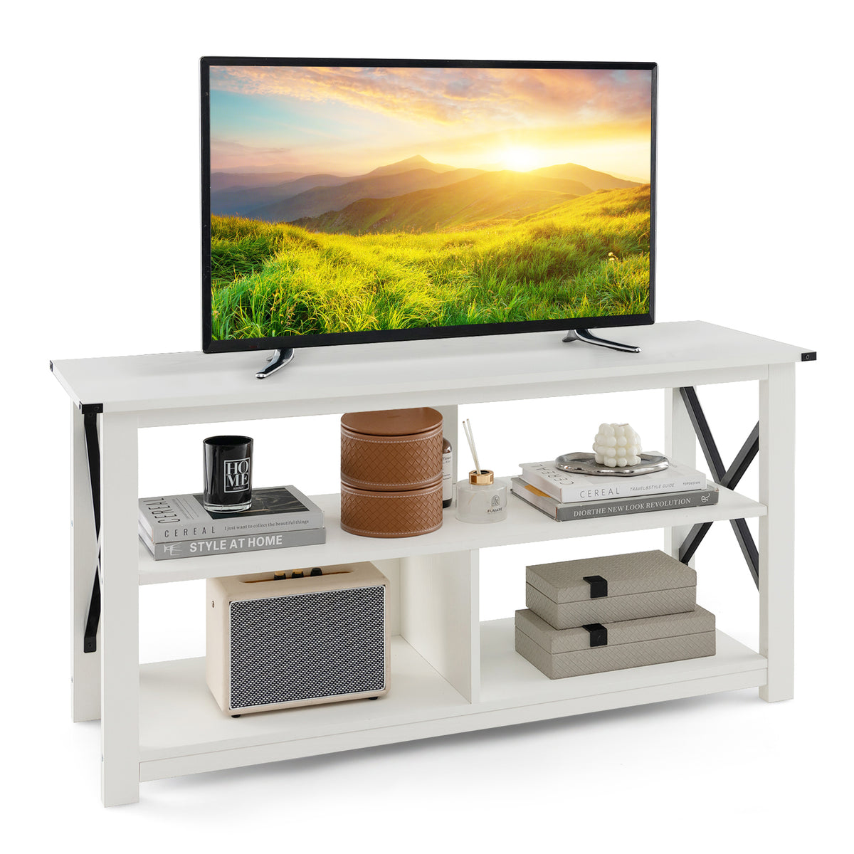 3 Tier Wood TV Stand for 55-Inch with Open Shelves and X-Shaped Frame-White-Entertainment Centers & TV Stands-DECOROLALA