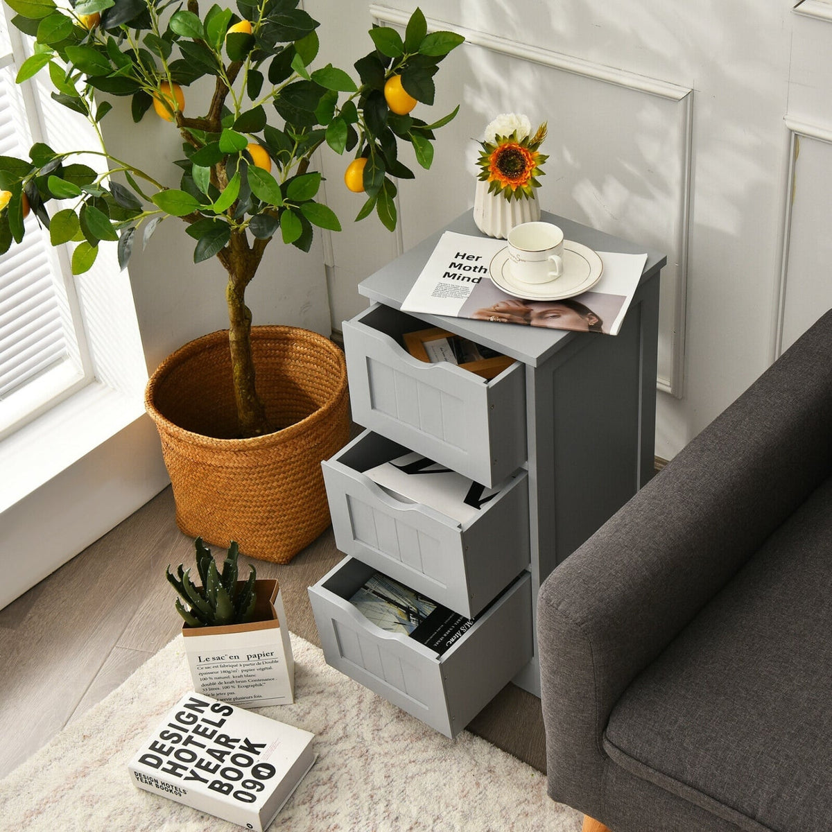 3-Tier Wooden Bathroom Floor Cabinet - Slim Storage Organizer, Gray-Floor Cabinets-DECOROLALA