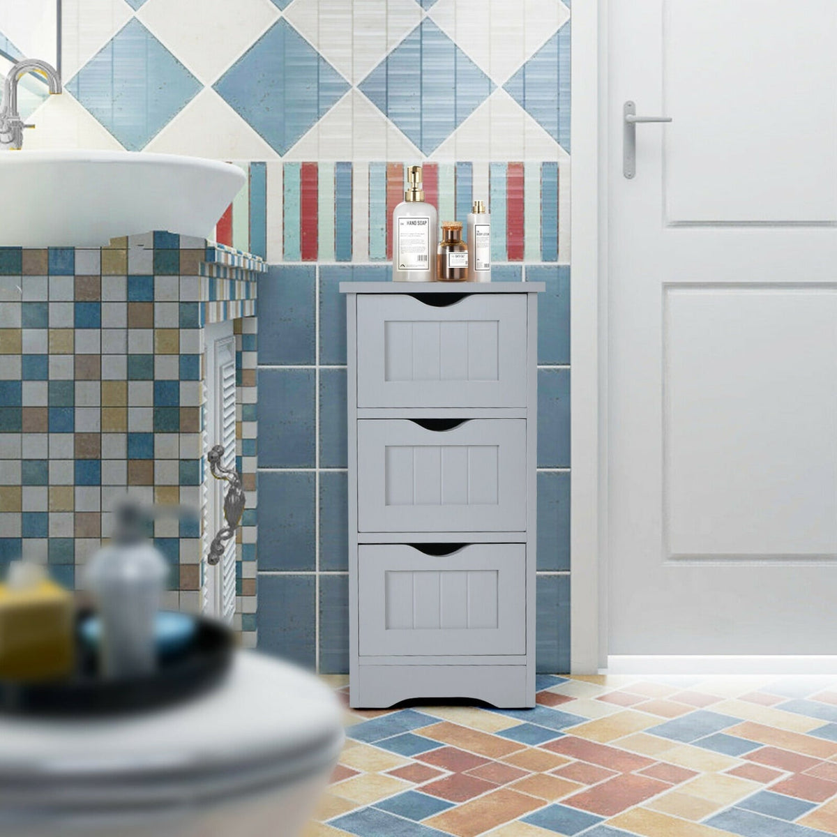 3-Tier Wooden Bathroom Floor Cabinet - Slim Storage Organizer, Gray-Floor Cabinets-DECOROLALA