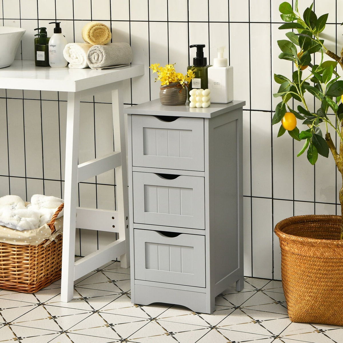 3-Tier Wooden Bathroom Floor Cabinet - Slim Storage Organizer, Gray-Floor Cabinets-DECOROLALA