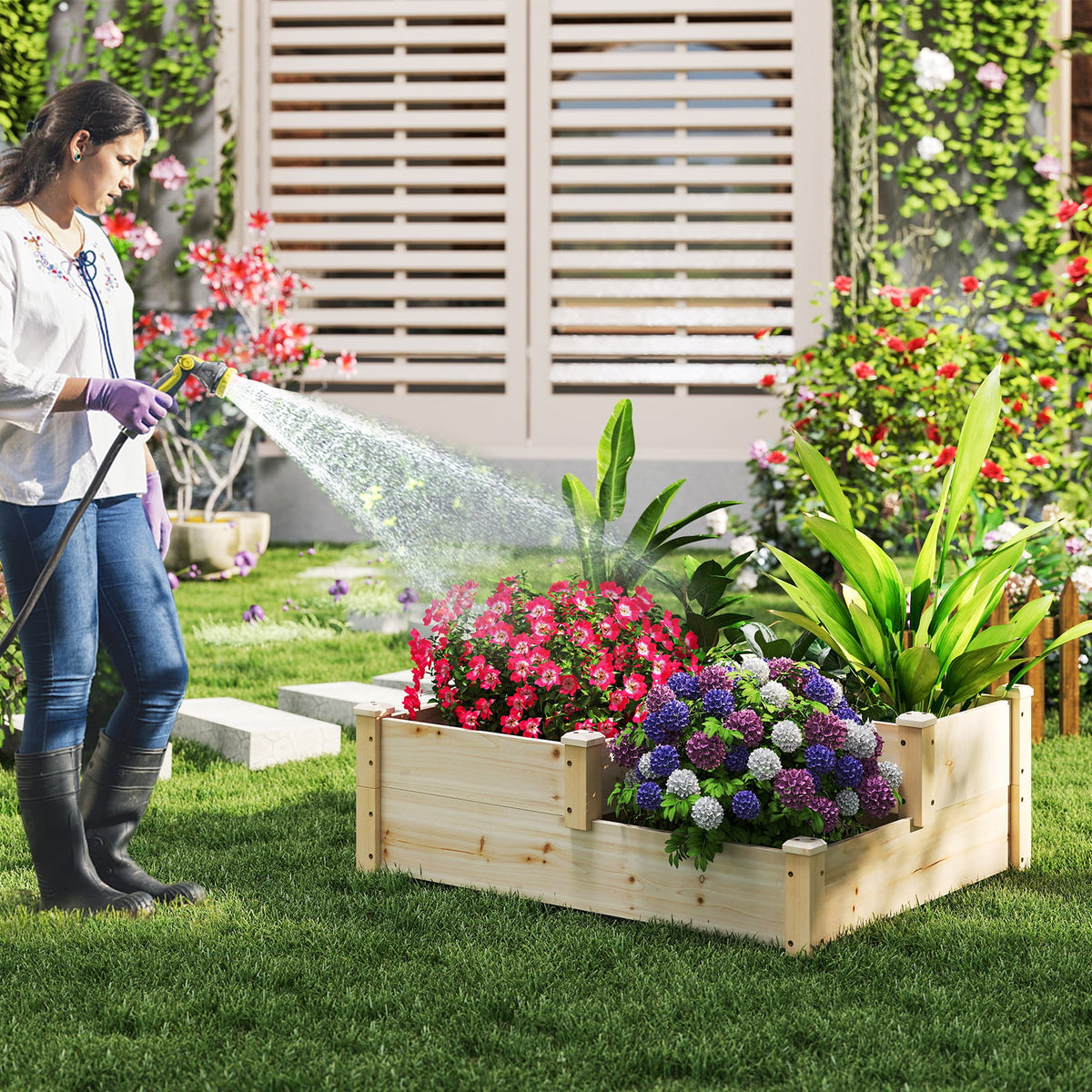 3-Tier Wooden Raised Garden Bed with Open-Ended Base-Natural-Raised Garden Beds-DECOROLALA