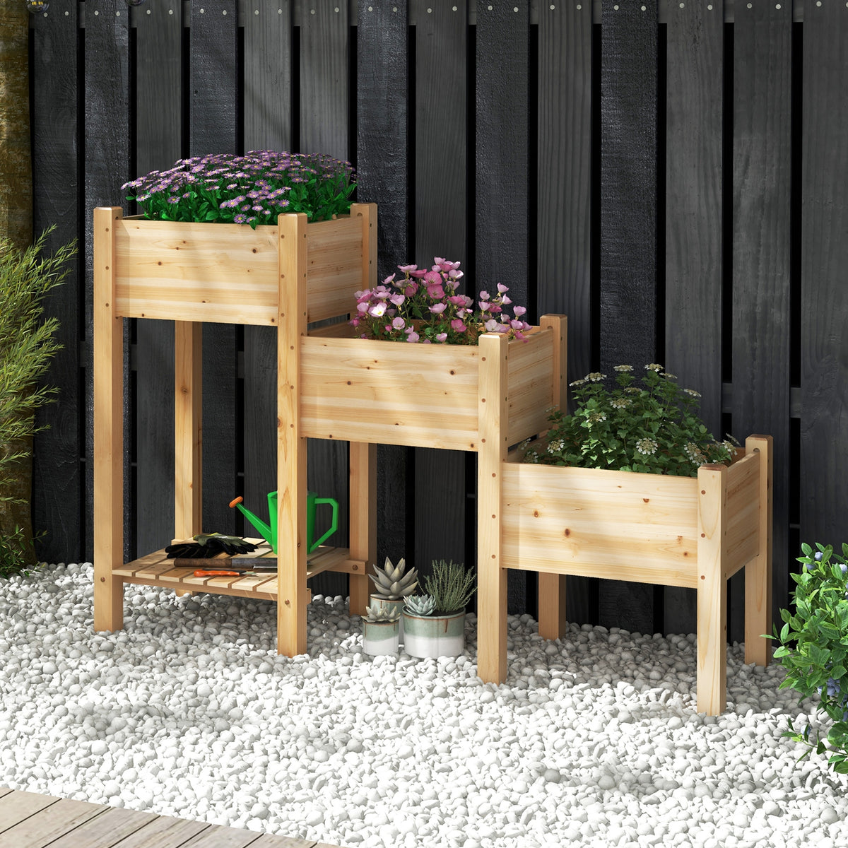 3-Tier Wooden Raised Garden Bed with Open Storage Shelf-Natural-Raised Garden Beds-DECOROLALA