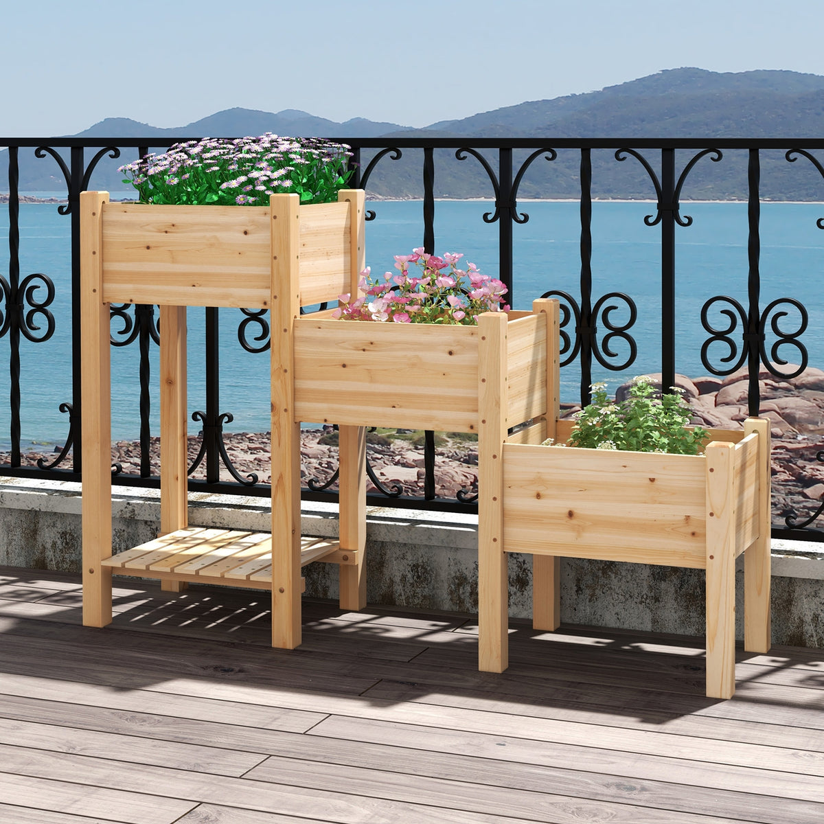 3-Tier Wooden Raised Garden Bed with Open Storage Shelf-Natural-Raised Garden Beds-DECOROLALA
