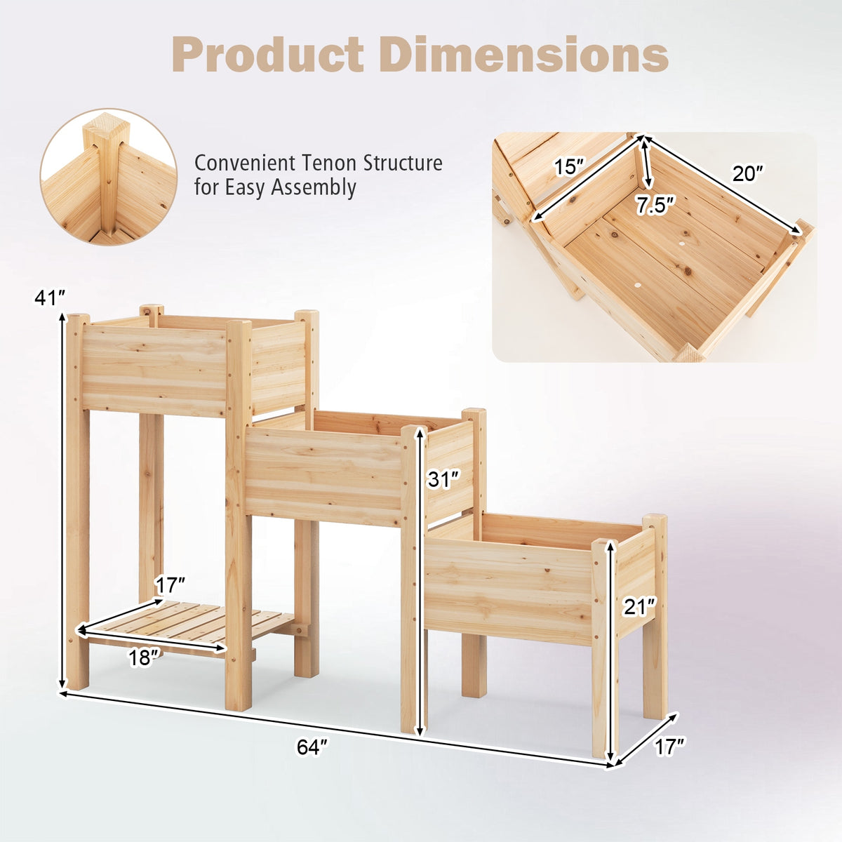 3-Tier Wooden Raised Garden Bed with Open Storage Shelf-Natural-Raised Garden Beds-DECOROLALA
