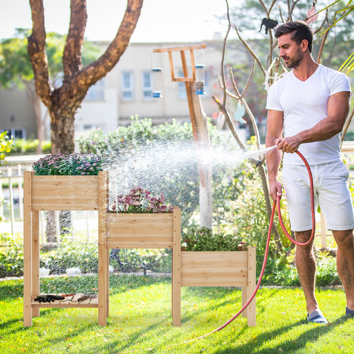 3-Tier Wooden Raised Garden Bed with Open Storage Shelf-Natural-Raised Garden Beds-DECOROLALA