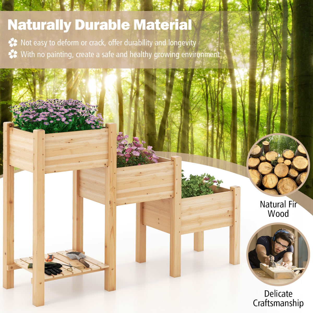3-Tier Wooden Raised Garden Bed with Open Storage Shelf-Natural-Raised Garden Beds-DECOROLALA