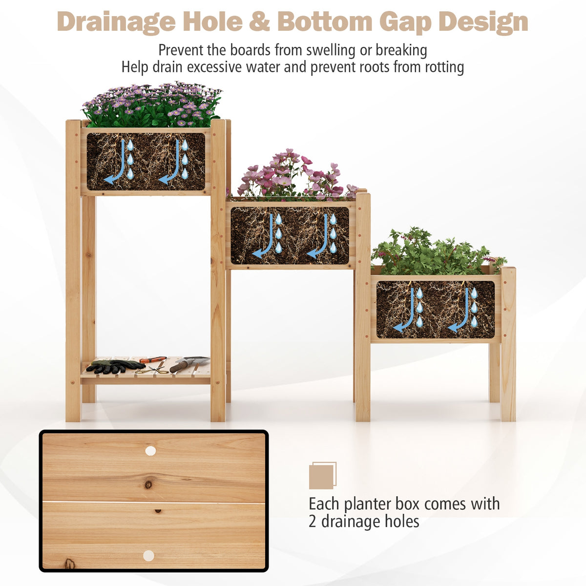 3-Tier Wooden Raised Garden Bed with Open Storage Shelf-Natural-Raised Garden Beds-DECOROLALA