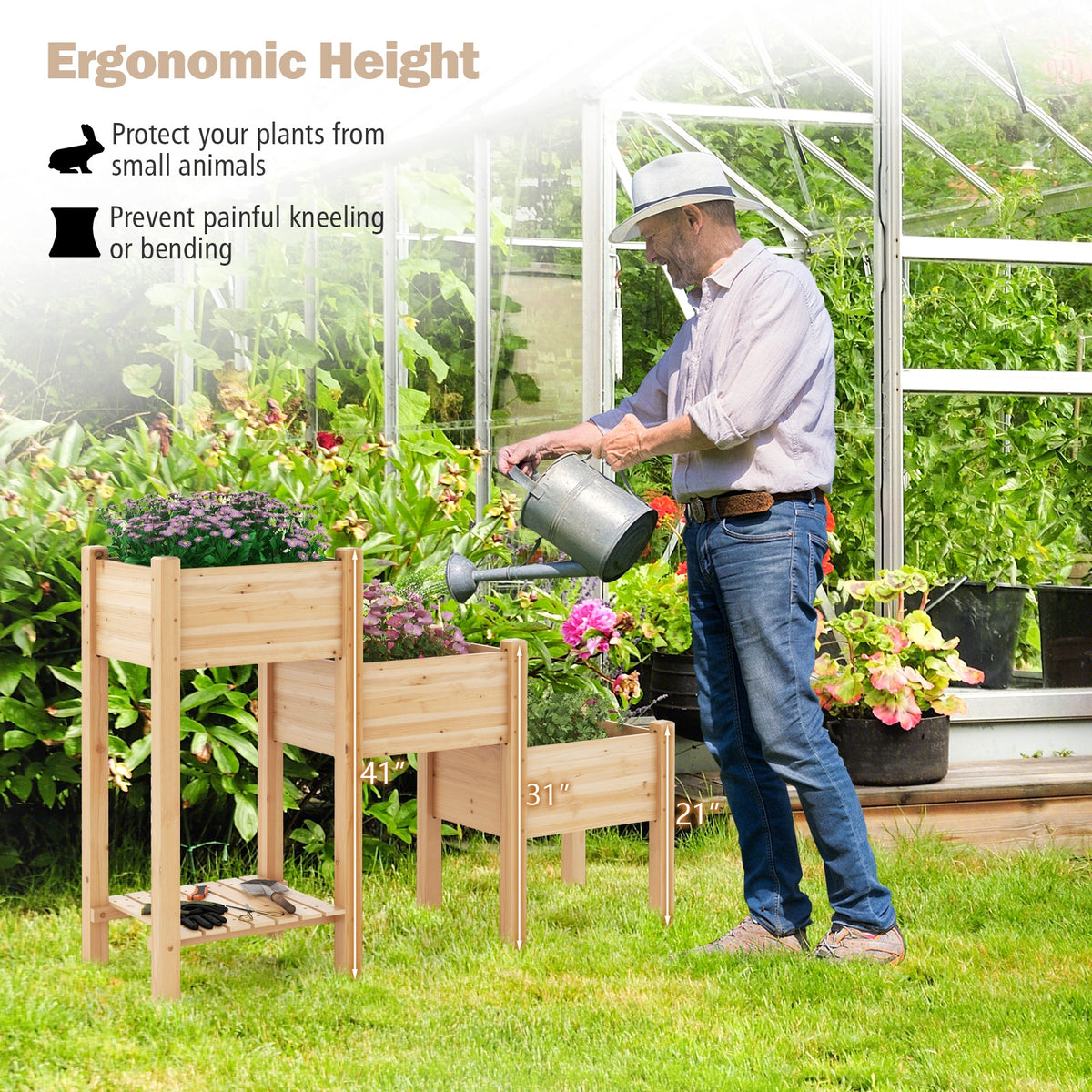 3-Tier Wooden Raised Garden Bed with Open Storage Shelf-Natural-Raised Garden Beds-DECOROLALA