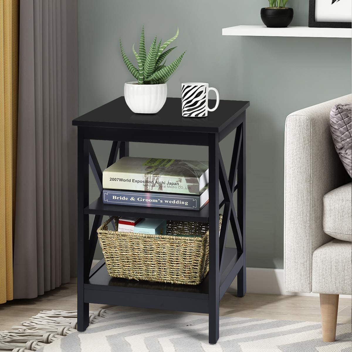 3-Tier X-Design Nightstands with Storage Shelves for Living Room Bedroom-Black-End & Side Tables-DECOROLALA