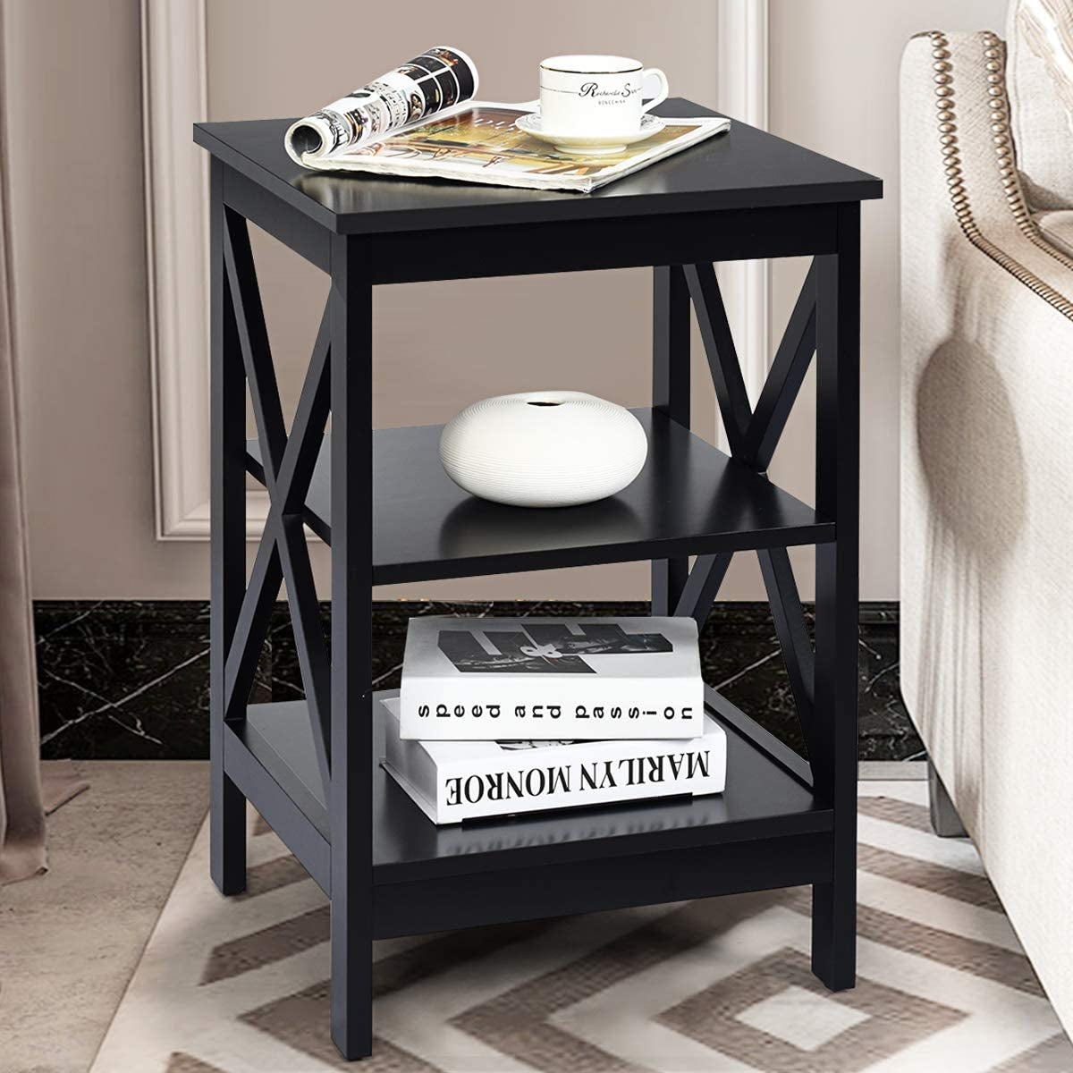 3-Tier X-Design Nightstands with Storage Shelves for Living Room Bedroom-Black-End & Side Tables-DECOROLALA