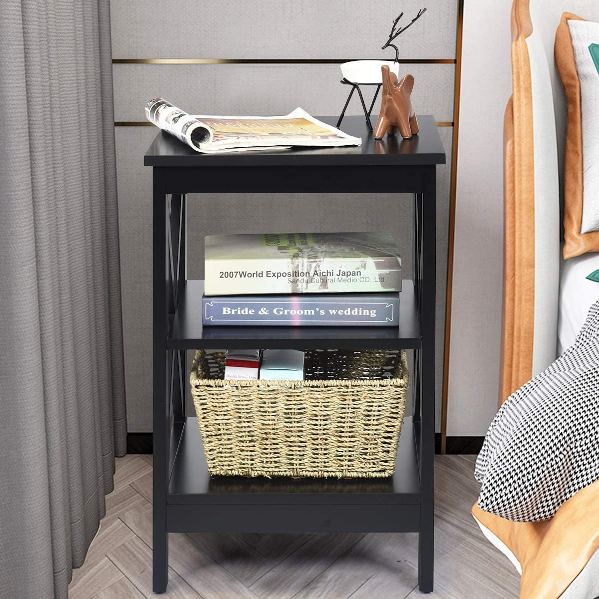 3-Tier X-Design Nightstands with Storage Shelves for Living Room Bedroom-Black-End & Side Tables-DECOROLALA