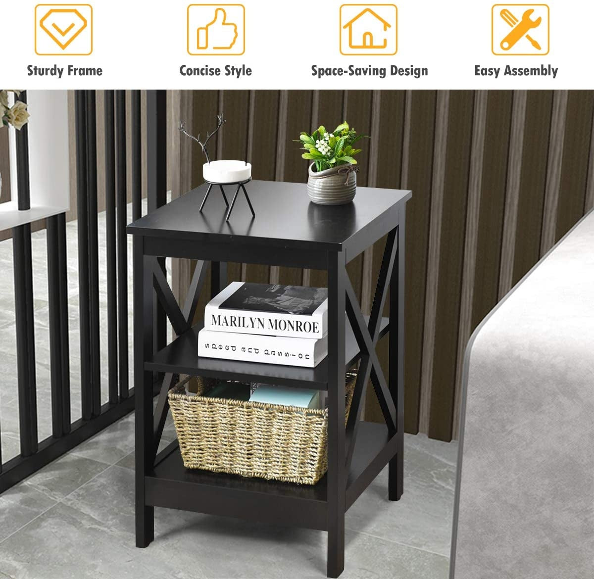 3-Tier X-Design Nightstands with Storage Shelves for Living Room Bedroom-Black-End & Side Tables-DECOROLALA