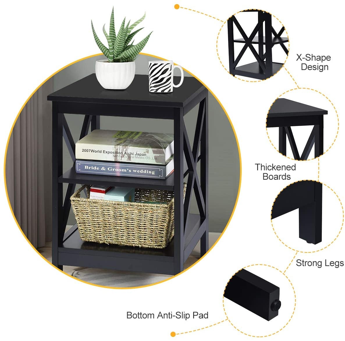 3-Tier X-Design Nightstands with Storage Shelves for Living Room Bedroom-Black-End & Side Tables-DECOROLALA