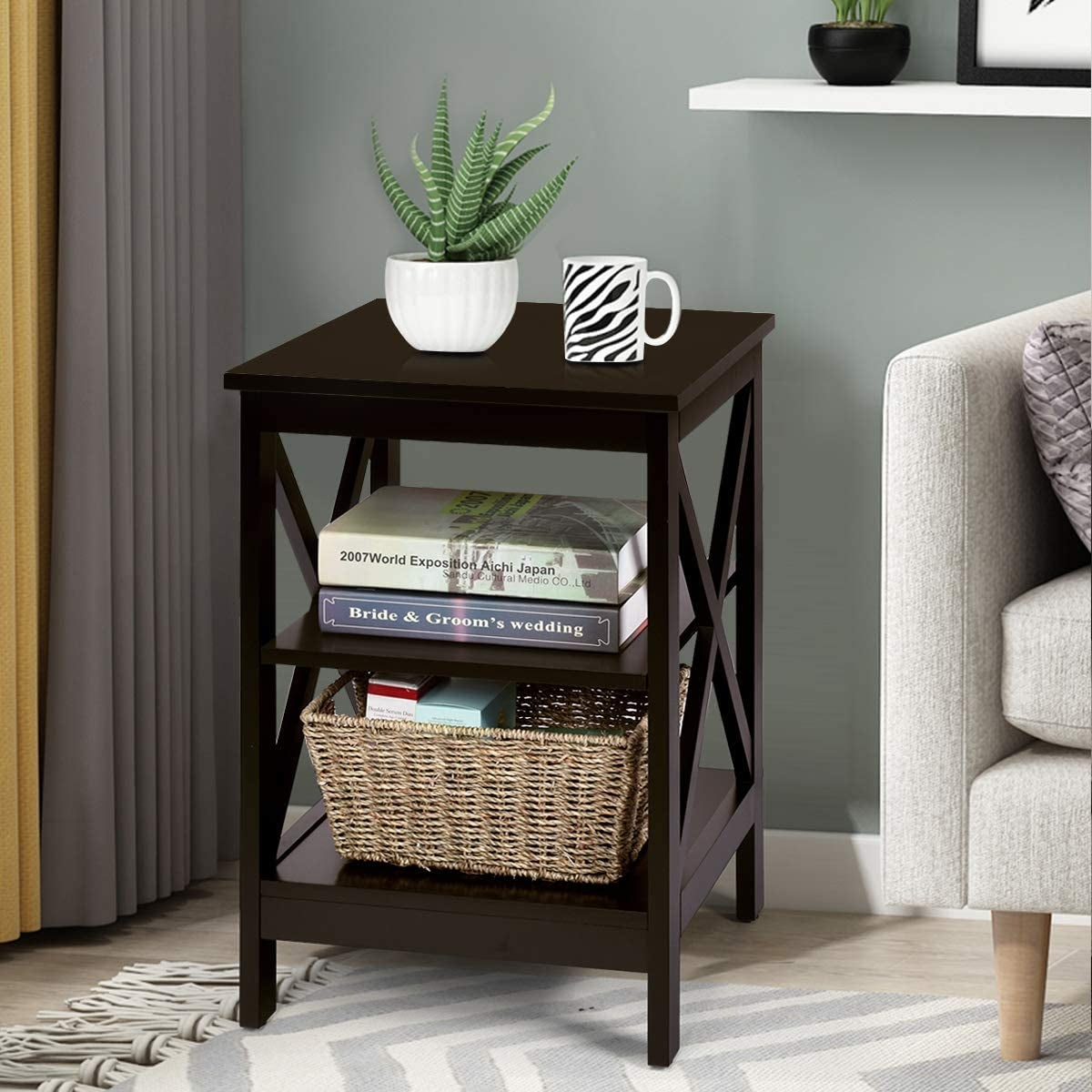 3-Tier X-Design Nightstands with Storage Shelves for Living Room Bedroom-Dark Brown-End & Side Tables-DECOROLALA