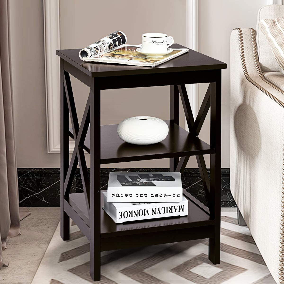 3-Tier X-Design Nightstands with Storage Shelves for Living Room Bedroom-Dark Brown-End & Side Tables-DECOROLALA