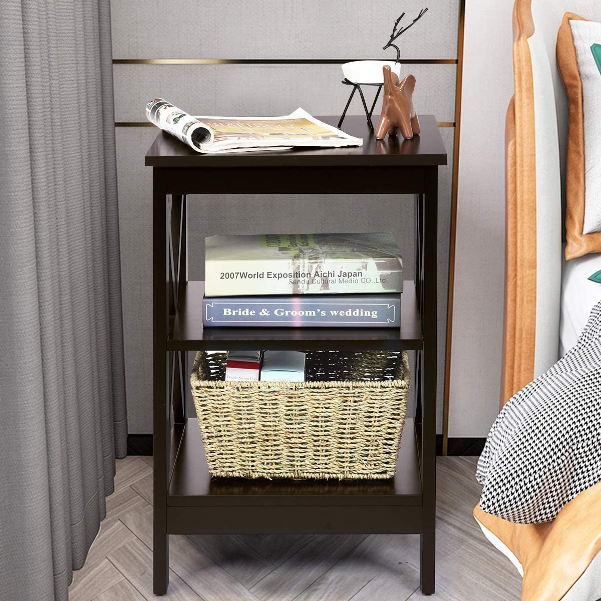3-Tier X-Design Nightstands with Storage Shelves for Living Room Bedroom-Dark Brown-End & Side Tables-DECOROLALA